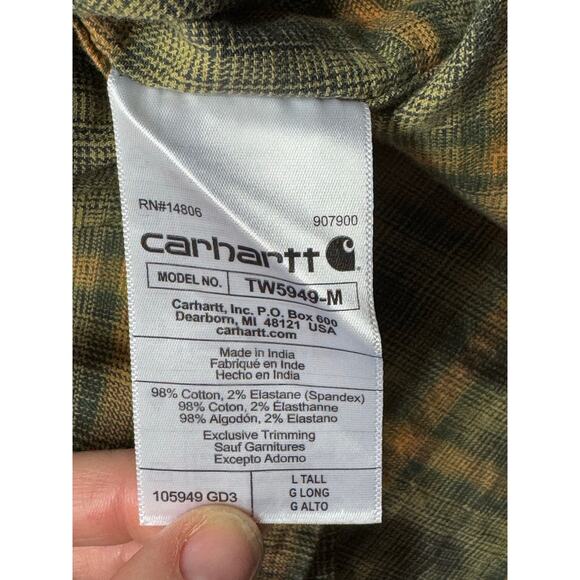 Carhartt Men's Rugged Flex Relaxed Fit Green Plaid Button Up Shirt - Size L Tall - Picture 5 of 5